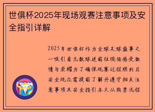 世俱杯2025年现场观赛注意事项及安全指引详解