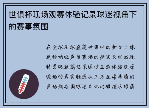 世俱杯现场观赛体验记录球迷视角下的赛事氛围